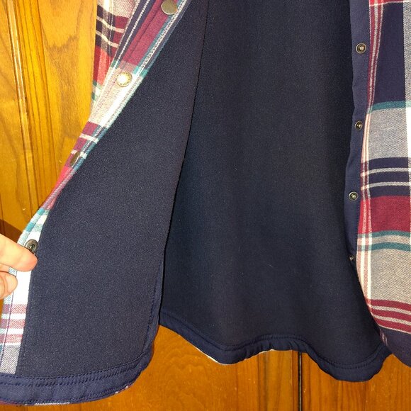 Orvis Fleece Lined Flannel Shirt Womens Medium Shacket Snap Jacket Plaid Red Blu - Picture 5 of 7